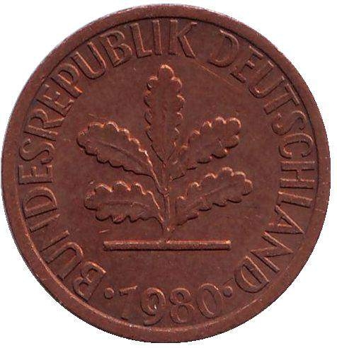 Монета 1 пфенниг. 1980г. ФРГ. Дубовые листья. (D). (F)
