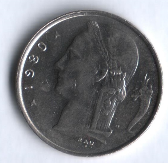 Монета 1 франк. 1980г. Бельгия. Надпись на голландском - 'BELGIË'. (F)