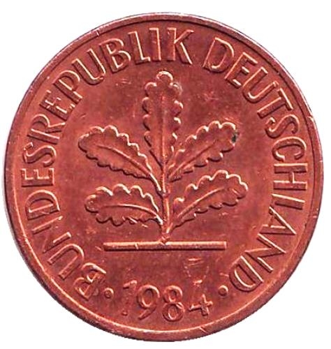 Монета 2 пфеннига. 1984г. ФРГ. Дубовые листья. (G). (F)