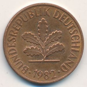 Монета 2 пфеннига. 1982г. ФРГ. Дубовые листья. (F). (F)