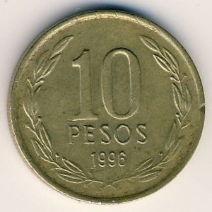 Монета 10 песо. 1996г. Чили. Бернардо О’Хиггинс. (F)