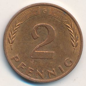 Монета 2 пфеннига. 1982г. ФРГ. Дубовые листья. (G). (F)