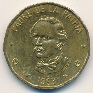Монета 1 песо. 1993г. Доминиканская республика. Пабло Дуарте. (F)