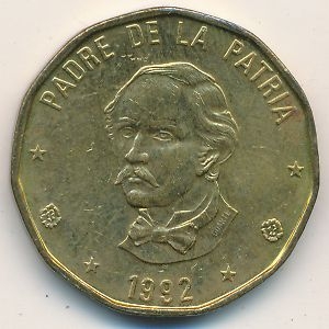 Монета 1 песо. 1992г. Доминиканская республика. Пабло Дуарте. (F)