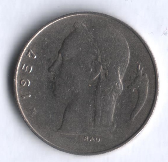 Монета 1 франк. 1957г. Бельгия. Надпись на голландском - 'BELGIË'. (F)