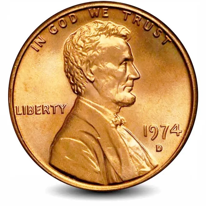 Монета 1 цент. США. 1974г. «Lincoln Cent». (D). (F)