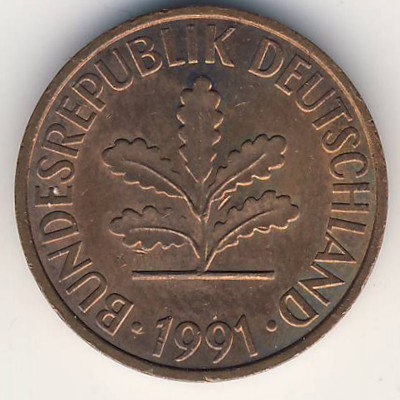 Монета 2 пфеннига. 1991г. ФРГ. Дубовые листья. (A). (F)