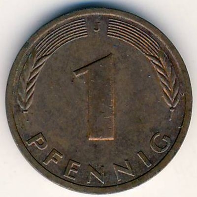 Монета 1 пфенниг. 1987г. ФРГ. Дубовые листья. (J). (F)