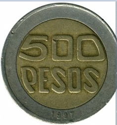 Монета 500 песо. 1997г. Колумбия. Цветущее дерево гуакари. (F)