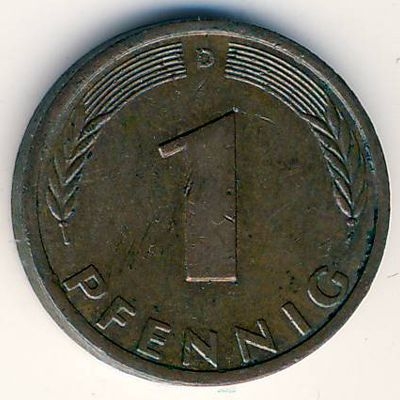 Монета 1 пфенниг. 1977г. ФРГ. Дубовые листья. (D). (VF)
