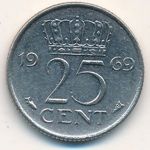 Монета 25 центов. 1969г. Нидерланды. (F)