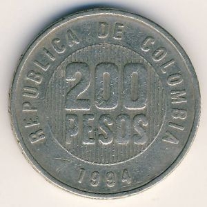 Монета 200 песо. 1994г. Колумбия. (F)