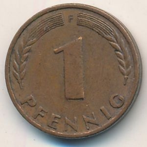 Монета 1 пфенниг. 1950г. ФРГ. Дубовые листья. (F). (F)