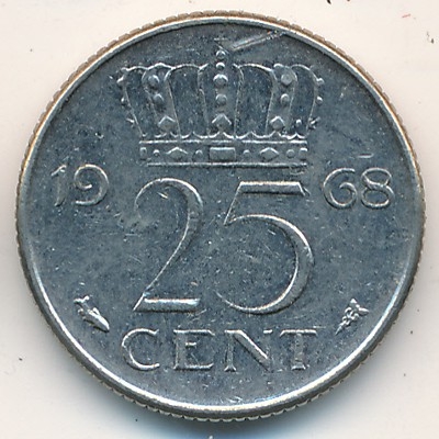 Монета 25 центов. 1968г. Нидерланды. (F)
