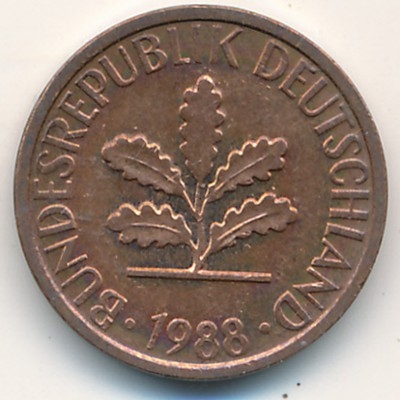 Монета 1 пфенниг. 1988г. ФРГ. Дубовые листья. (D). (F)