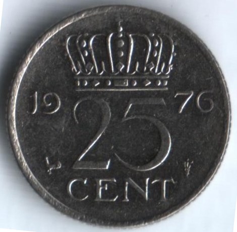 Монета 25 центов. 1976г. Нидерланды. Петух. (F)