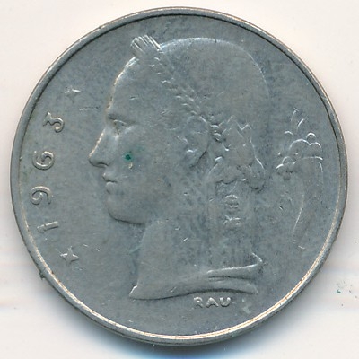 Монета 1 франк. 1963г. Бельгия. Надпись на французском - 'BELGIQUE'. (F)