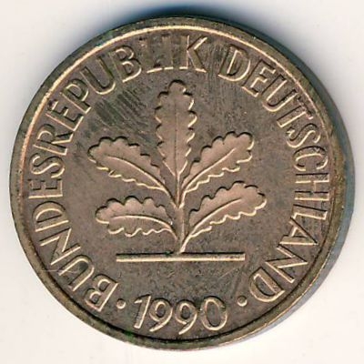 Монета 2 пфеннига. 1990г. ФРГ. Дубовые листья. (G). (F)