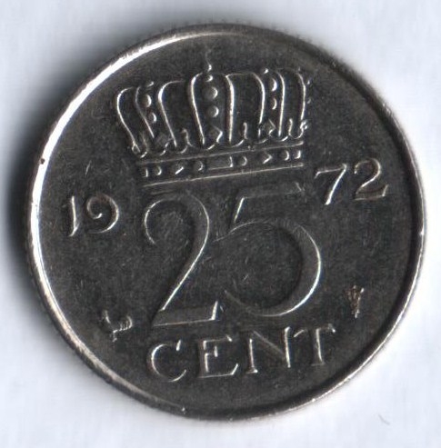 Монета 25 центов. 1972г. Нидерланды. (F)
