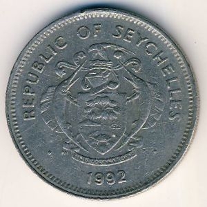 Монета 1 рупия. 1992г. Сейшелы. Тритонов рог. (F)