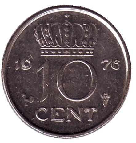 Монета 10 центов. 1976г. Нидерланды. Петух. (F)