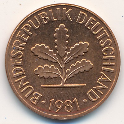 Монета 2 пфеннига. 1981г. ФРГ. Дубовые листья. (F). (F)