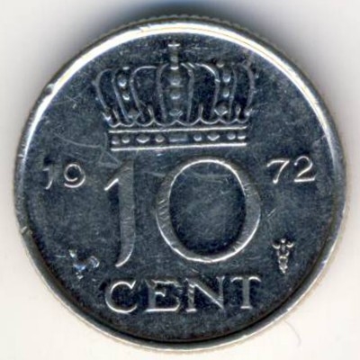 Монета 10 центов. 1972г. Нидерланды. (F)