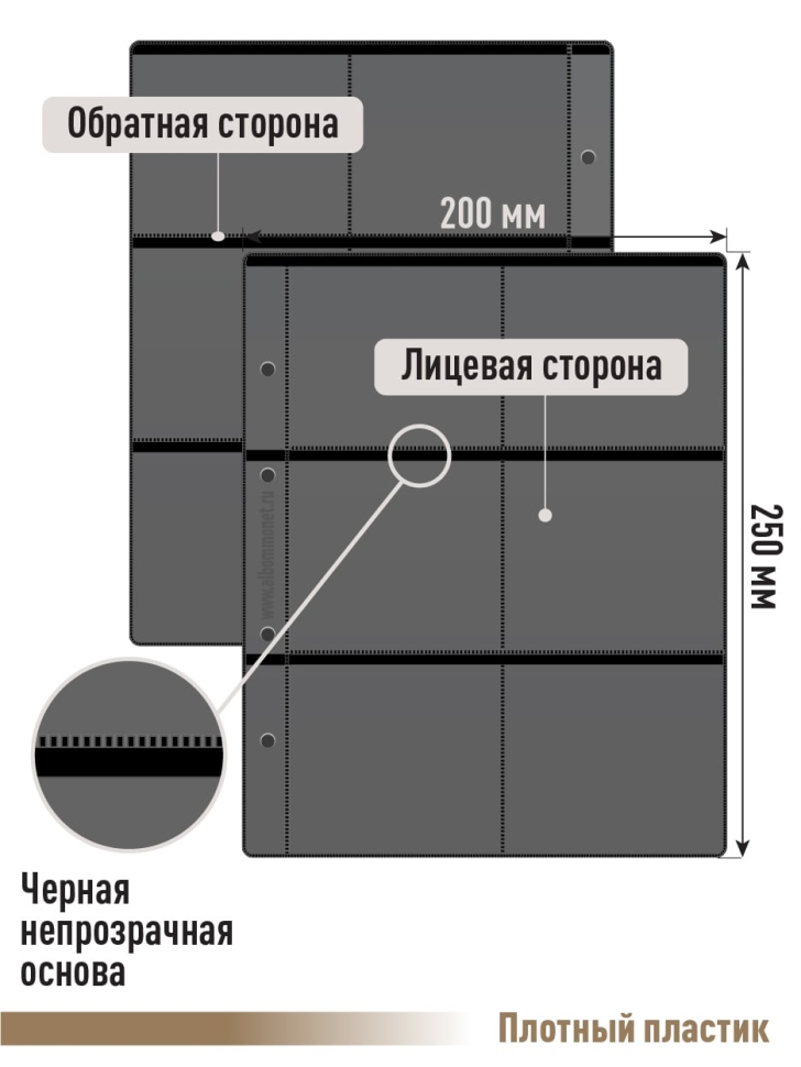 Комплект из 5-ти листов "СТАНДАРТ" на черной основе (двусторонний) на 12 ячеек. Формат "Optima". Размер 200х250 мм.