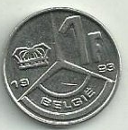 Монета 1 франк. 1993г. Бельгия. Надпись на голландском - 'BELGIË'. (F)