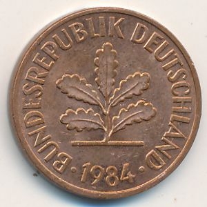 Монета 2 пфеннига. 1984г. ФРГ. Дубовые листья. (J). (F)