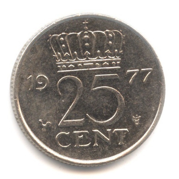 Монета 25 центов. 1977г. Нидерланды. Петух. (F)
