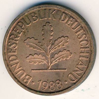 Монета 2 пфеннига. 1988г. ФРГ. Дубовые листья. (D). (F)