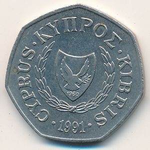 Монета 50 центов. 1991г. Кипр. Похищение Европы. (F)