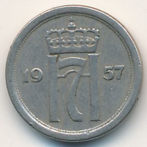 Монета 10 эре. 1957г. Норвегия. (F)