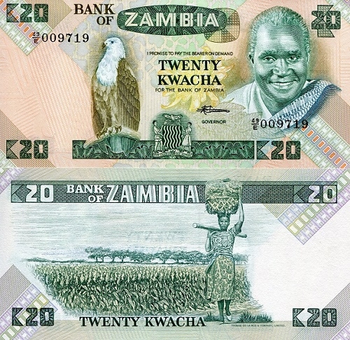 Банкнота 20 квача. 1980 - 1988гг. Замбия. (Пресс)