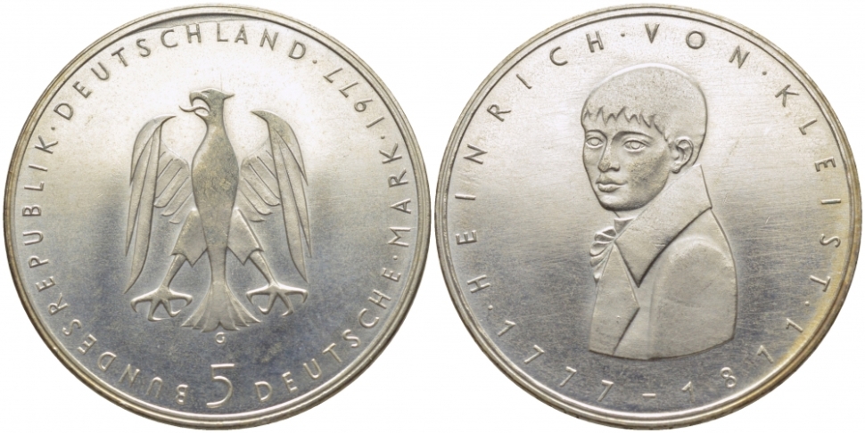 Монета 5 марок. 1977г. ФРГ. «200 лет со дня рождения Генриха фон Клейста». Серебро. (G). (VF)