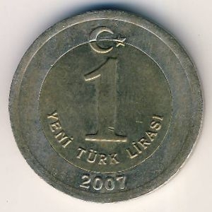 Монета 1 новая лира. 2007г. Турция. Мустафа Кемаль Ататюрк. (F)