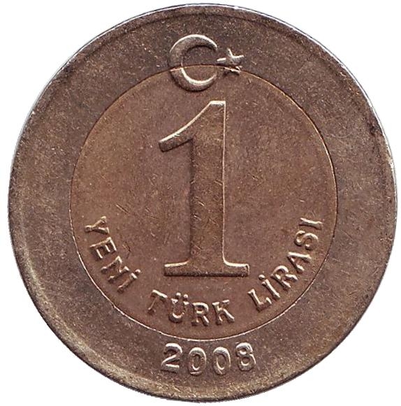 Монета 1 новая лира. 2008г. Турция. Мустафа Кемаль Ататюрк. (F)