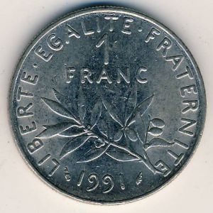 Монета 1 франк. 1991г. Франция. (F)