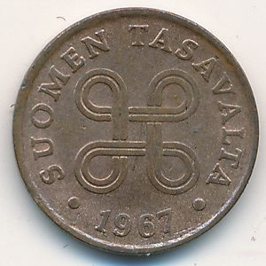 Монета 1 пенни. 1967г. Финляндия. (F)