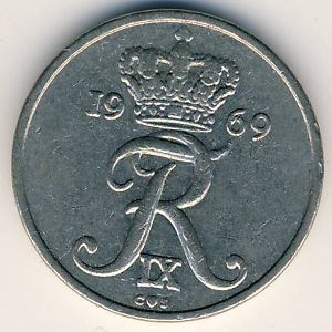 Монета 10 эре. 1969г. Дания. C;S (F)