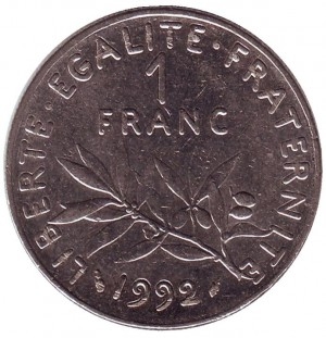 Монета 1 франк. 1992г. Франция. (F)