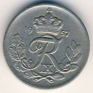 Монета 10 эре. 1957г. Дания. C;S (F)