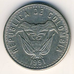 Монета 50 песо. 1991г. Колумбия. (F)