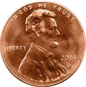 Монета 1 цент. США. 2014г. «Lincoln Cent» (ЩИТ). (D). (UNC)