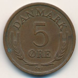 Монета 5 эре. 1964г. Дания. C;S (F)
