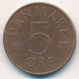 Монета 5 эре. 1977г. Дания. S;В (F)