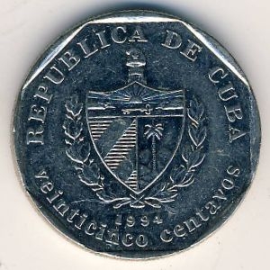 Монета 25 сентаво. 1994г. Куба. Достопримечательности города Тринидад. (F)