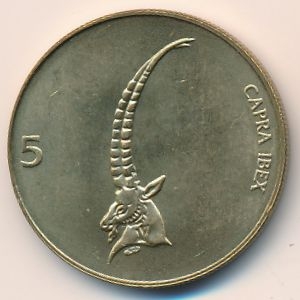 Монета 5 толаров. 1996г. Словения. Альпийский козёл. (Ибекс). (F)