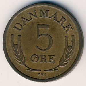 Монета 5 эре. 1963г. Дания. С;S (F)